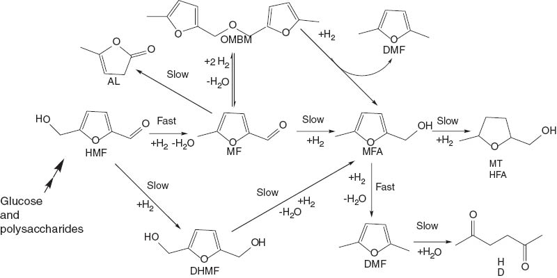 Scheme 5 Reproduced by permission of the Royal Society of Chemistry from reference [36].Possible reaction products obtained from hydrogenation of HMF.