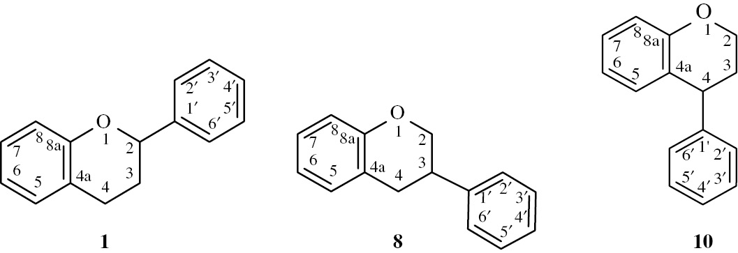 Fig. 1: 
						Parent hydrides flavan (1), isoflavan (8), and neoflavan (10).
					