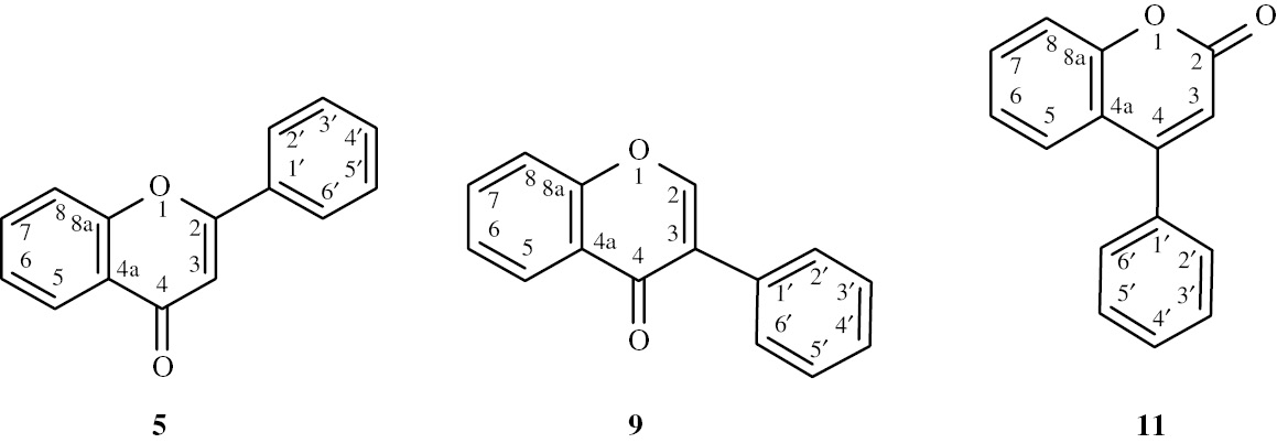 Fig. 2: 
						Functional parents flavone (5), isoflavone (9), and neoflavone (11).
					