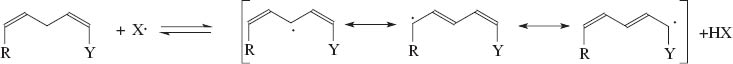 Scheme 1 Initial oxidation step, showing the formation of delocalized free radical. (R = alkyl radical; X = alkylcarboxyl moiety; Y = radical source).