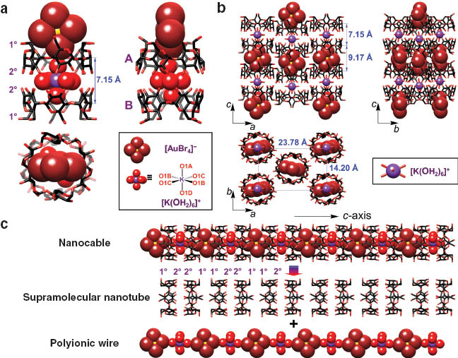 Fig. 9 (a) The single-crystal X-ray structure of α·Br. (b) Three views of the crystal packing in the case of α·Br. (c) Dissection of one-dimensional nanocable-like superstructure of α·Br.