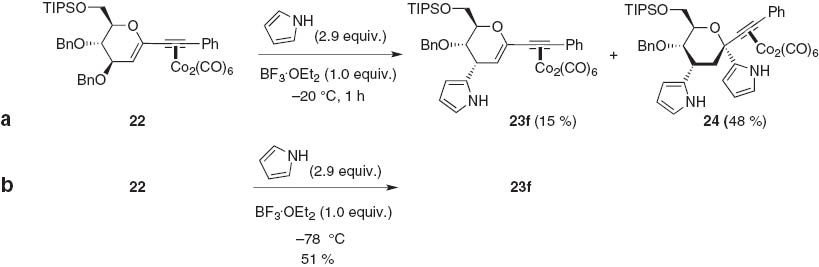 Scheme 5 Reaction of hexacarbonyl dicobalt alkynyl glycal 22 with pyrrole at –20 and –78 °C.