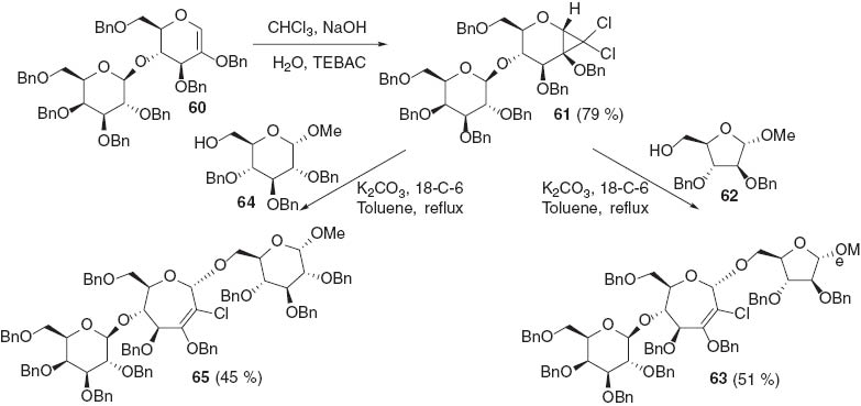 Scheme 16 Ring expansion of 2-oxyglycal-derived gem-dihalocyclopropanes to afford trisaccaharides [59].