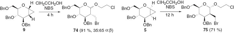 Scheme 19 Cyclopropane opening to 2-C-branched pyranosides using N-halosuccinimide [40].