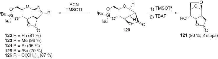 Scheme 28 Cyclopropane opening of lactone-substituted cyclopropane 120 and trapping with a hydroxyl nucleophile or nitrile dipolarophile [76].