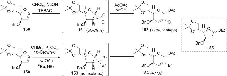 Scheme 36 Synthesis and ring expansion of furanose cyclopropanes 151 and 153 [87–89].