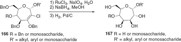 Scheme 39 Synthesis of septanosides 167 from oxepines 166 [57–59].