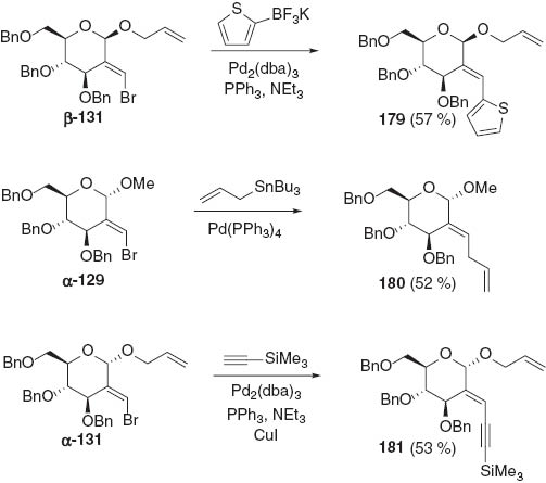 Scheme 44 Derivatization of 2-C-branched bromoalkenes with Suzuki, Stille and Sonogashira reactions [41].