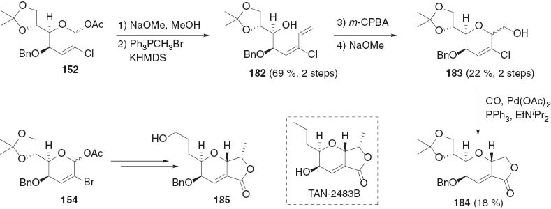 Scheme 45 Derivatization of the chloro- and bromo-substituted dihydropyrans 152 and 154 to the ring system of TAN-2483B [87].