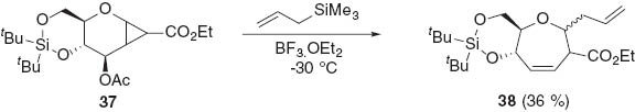 Scheme 9 Ring expansion of ester-substituted cyclopropyl carbohydrate 37 [52].