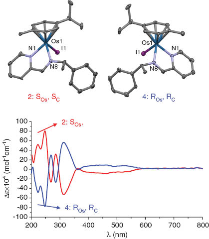 Fig. 12 X-ray crystal structures of enantiomeric p-cymene OsII iminopyridine complexes and their CD spectra. Adapted from ref [99].
