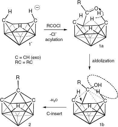 Scheme 2 
          Proposed aldolization mechanism for the insertion of the acyl chloride RC unit between the C(6) and C(9) positions in [arachno-6,9-C2B8H13]¯ (1¯)
        