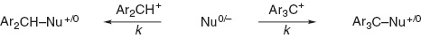 Fig. 2: 
          Reactions of benzhydrylium (Ar2CH+) and tritylium ions (Ar3C+) with nucleophiles.
        