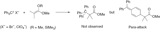 Fig. 4: 
            Para-attack of sterically demanding nucleophiles at tritylium ions [13, 14].
          