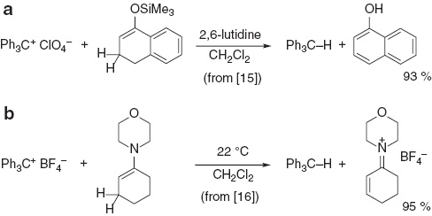 Fig. 5: 
            Oxidations of silyl enol ethers and enamines through hydride abstraction by tritylium ions [15, 16].
          