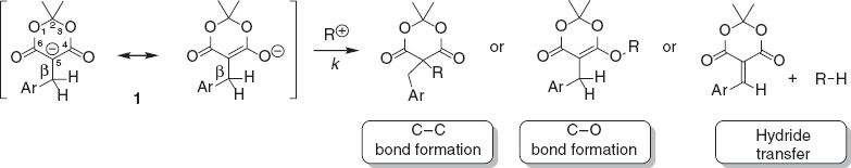 Fig. 9: 
            Possible reactivities of carbanions derived from 5-benzylated Meldrum’s acids.
          
