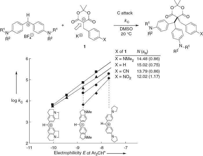Fig. 10: 
            Determination of the C-reactivity of the carbanions 1 by the benzhydrylium method [61].
          