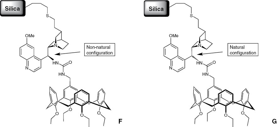 Fig. 4: 
          Tetra-O-ethylated calix[4]arene bonded to Cinchona alkaloids, which are immobilized on silica gel via their former double bond.
        
