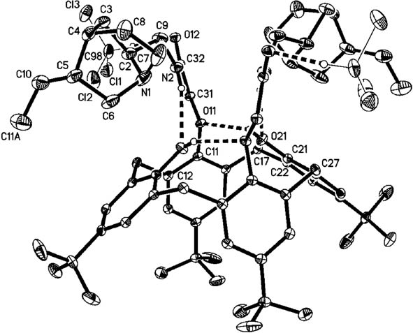 Fig. 9: 
              X-ray structure analysis of 9. Only one of the two independent formula units is shown. Ellipsoids correspond to 30 % probability levels. Dashed lines indicate hydrogen bonds. H atoms not involved in H bonding are omitted for clarity. Only one orientation of disordered butyl groups is shown.