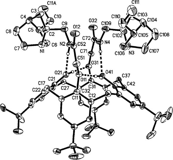 Fig. 10: 
              X-ray structure analysis of 12. Ellipsoids correspond to 30 % probability levels. Dashed lines indicate hydrogen bonds. H atoms not involved in H bonding are omitted for clarity. Only one orientation of disordered butyl groups is shown.