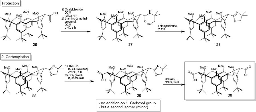 Scheme 9: 
              Synthesis of 15,35,55,75-tetra-tert-butyl-12,32,52,72-tetramethoxy-1,3,5,7(1,3)-tetrabenzena-cyclooctaphane-2,6-dicarboxylic acid (30).