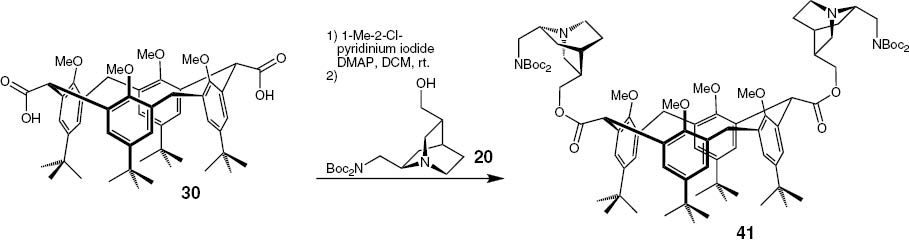 Scheme 11: 
              Synthesis of 2-(((1S,3R,4S,6R)-6-((bis(tert-butoxycarbonyl)amino)methyl)quinuclidin-3-yl)methyl) 6-(((3R,4S,6R)-6-((bis(tert-butoxycarbonyl)amino)methyl)quinuclidin-3-yl)methyl) 15,35,55,75-tetra-tert-butyl-12,32,52,72-tetramethoxy-1,3,5,7(1,3)-tetrabenzenacyclooctaphane-2,6-dicarboxylate (41).