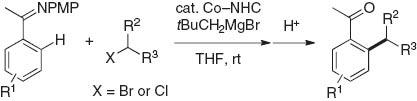 Scheme 1 Cobalt–NHC-catalyzed ortho-alkylation of aryl imine with alkyl chloride or bromide.