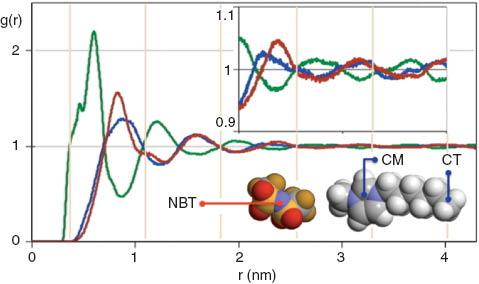 Fig. 1 
          Pair radial distribution functions (RDFs) between selected pairs of interaction centers belonging to the ions of the 1-hexyl-3-methylimidazolium bis(trifluoromethylsulfonyl)imide, [C6C1im][Ntf2], IL. Green line: cation-anion RDF between the central nitrogen of the anion (NBT) and the center of mass of the imidazolium cation (CM); red line: anion-anion RDF (NBT-NBT); blue line: cation-cation RDF (CM-CM). The extensive opposition-of-phase behavior depicts the need to fulfill electroneutrality conditions in any ionic fluid (IL, molten salt) and reflects the existence of a polar network that extends several nanometers (see inset) without losing the correlation between shells of ions of opposing sign. The characteristic wavelength of the RDF oscillations is depicted via the vertical gridlines.
        