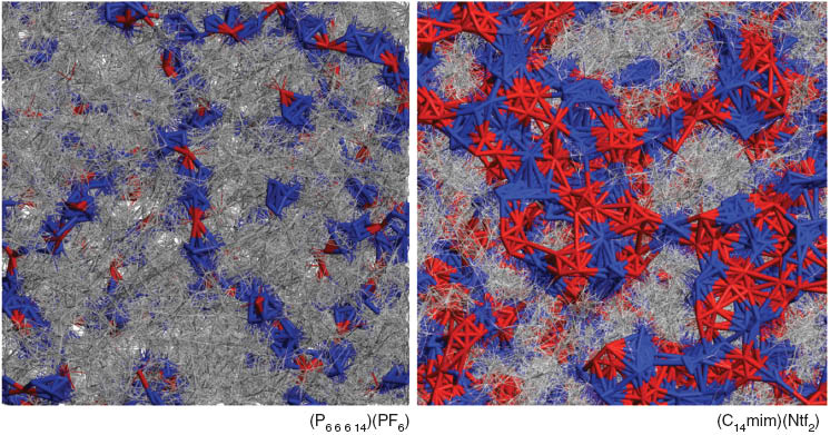 Fig. 4 
            Two MD snapshots for two ILs with different morphologies. Right: trihexyl-(tetradecyl)phosphonium hexafluorophosphate; left: 1-methyl-3-tetradecylimidazolium bis(trifluoromethylsulfonyl)imide. The snapshots are color-coded as in Fig. 2 (right-side image).
          