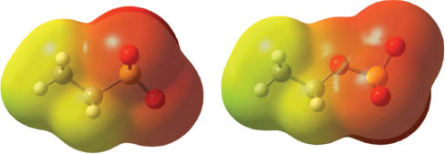Fig. 8 
            Electrostatic potential mapped onto an electron density isosurface around the ethylsulfonate (left) and ethylsulfate (right) anions. The negatively charged regions of the anions are indicated by color gradients ranging from red (strongly negative) to yellow/green (slightly negative-neutral).
          