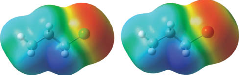 Fig. 9 
            Electrostatic potential mapped onto an electron density isosurface around the 1-chloropropane (left) and 1-bromopropane (right) molecules. The positively and negatively charged regions of the molecule are indicated by color gradients ranging from dark blue (strongly positive) to red (strongly negative), cyan/green/yellow correspond to slightly positive-neutral/slightly negative regions.
          
