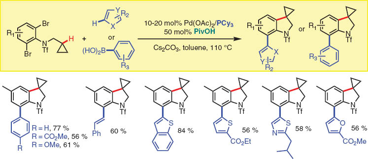 Scheme 7 Synthesis of spiroindolines via Pd-catalyzed methine C–H arylation.