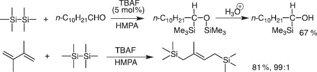 Scheme 2 TBAF-catalyzed addition of hexamethyldisilane to aldehyde and 1,3-diene.