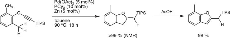 Scheme 20 Benzofuran synthesis by palladium-catalyzed cyclization of ethynyl ortho-tolyl ether.
