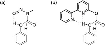 Fig. 3 Possible transition state in acylation of phenol with specific acyl donor. (a) N-methyl-N-nitroso group; (b) 2-bipyridinyl group.
