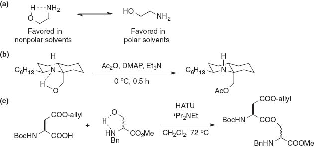 Fig. 4 Intramolecular hydrogen bonding of the hydroxy group with the amino group in 1,2-amino alcohols. (a) The lone pair of electrons on the nitrogen atom is used to form the intramolecular hydrogen bond with the hydrogen atom on the hydroxy group; (b) and (c) examples of chemoselective O-acylations of 1,2-amino alcohols under basic conditions.
