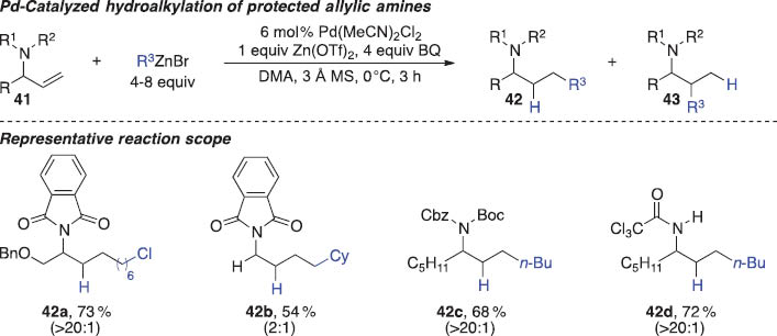 Scheme 13 Pd-catalyzed anti-Markovnikov hydroalkylation reactions of allylic amine derivatives.