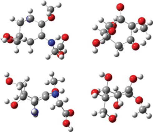 Fig. 9: 
          Computed conical intersection points for palythine (left) and gadusol (right).
        