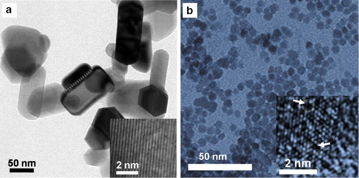 Fig. 1:
a) TEM images of C-ZnO NPs, the bottom right inset shows the HR-TEM of C-ZnO NPs and b) TEM image of D-ZnO QDs, the bottom right inset shows the HR-TEM of D-ZnO QDs (the circle shows the location of defects, arrow is for eye guide).