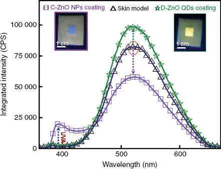 Fig. 6:
The integrated PL emission intensity of skin emission model, skin emission model coated with D-ZnO QDs and C-ZnO NPs collected at 330 nm excitation.