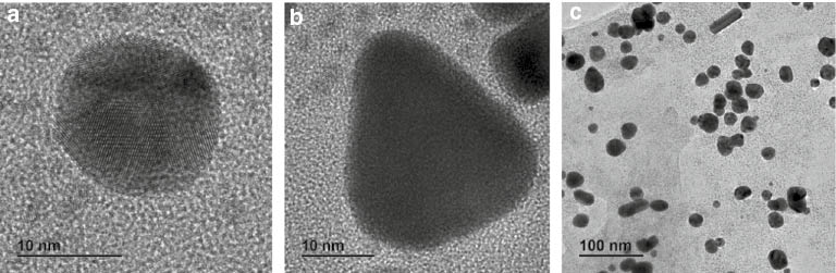 Fig. 7: 
						TEM micrographs of colloidal gold nanoparticles showing different shapes: (a) spherical, (b) triangular and, (c) nanorods.
					