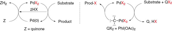Scheme 2:
Left: a generic oxidative Pd(II)/Pd(0) catalytic system; right: a generic oxidative Pd(II)/Pd(IV) catalytic system.