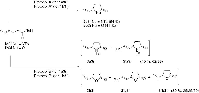 Scheme 4:
Reactivity of internal alkenes with two different terminal oxidizing agents.