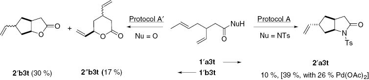 Scheme 13:
Different behavior of carboxamide 1a′3t and carboxylic acid 1b′3t in the domino nucleopalladation/carbopalladation process.