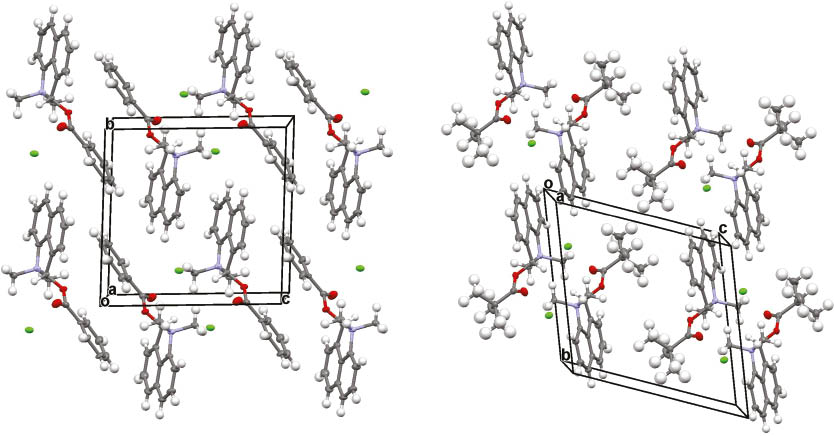 Fig. 2:
Crystal packing arrangements for 18.Cl (left) and 19.Cl (right).