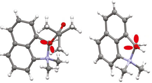 Fig. 3:
Comparison of the relative orientation of the O-substituent with respect to the C–N bond between peri-substituents in cation 19 (left) and cation 12 (right).