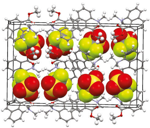 Fig. 5:
Crystal packing arrangement of 4-H.triflate salt, with triflate ions shown in space-filling mode.