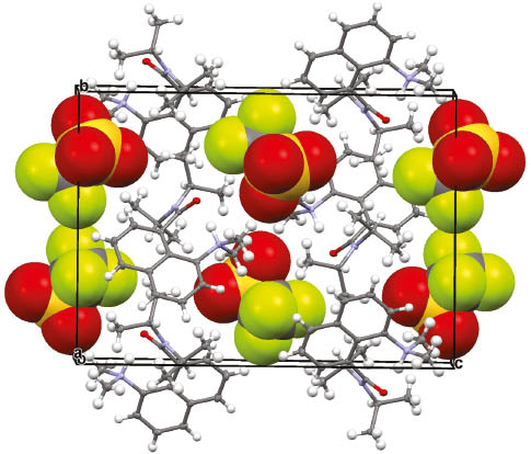 Fig. 7:
Crystal packing arrangement for 6-H.triflate, with triflate ions shown in space-filling mode.