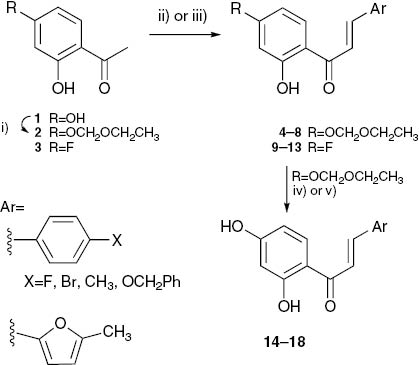 Scheme 1:
Synthesis of 2′,4′-dihydroxy- and 4′-fluoro-2′-hydroxychalcones. Reagents and conditions: i) 1. DIPEA, CH2Cl2, 0°C, 15 min; 2. ClCH2OCH2CH3, 0°C, then r.t.; ii) EtOH, aq. NaOH 50% (w/v), r.t, 24 h; iii) EtOH, aq. NaOH 50% (w/v), 40°C, 2–3 h, 250 W; iv) FeCl3·6H2O, MeOH, reflux, 2–3 h; v) FeCl3·6H2O, MeOH, reflux, 10 or 7 min, 250 W.