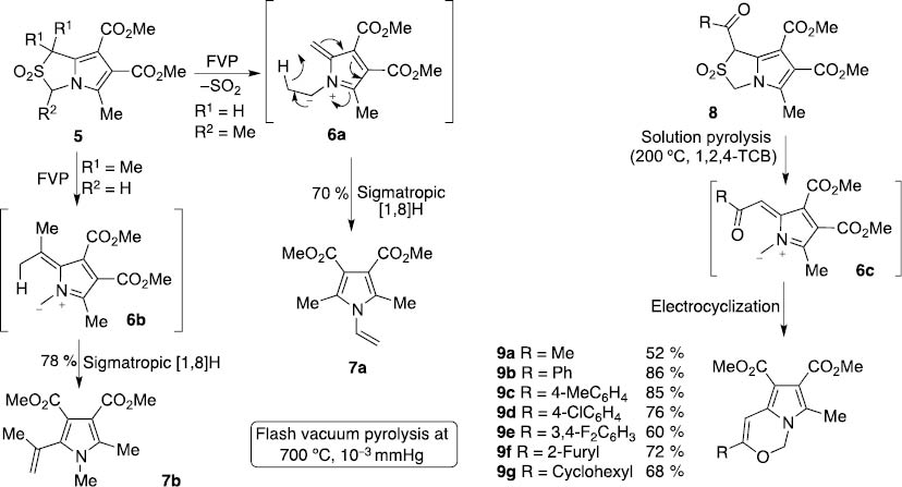 Scheme 1: 
					Sigmatropic [1,8]H shifts and electrocyclization of azafulvenium methides giving vinylpyrroles and pyrrolo[1,2-c]-[1,3]oxazines, respectively.
				